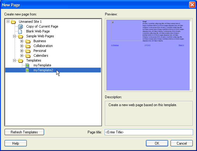 Available templates listed in the New Page dialog box in Contribute