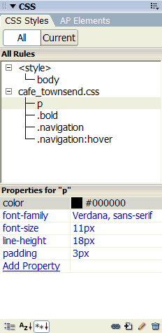 The CSS Styles panel in All mode, showing two panes: All Rules and Properties for any selected rule.