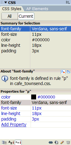 The CSS panel in Current mode, displays three panes: the CSS properties for the current selection, the location of selected properties and a place to edit the CSS properties for that rule.