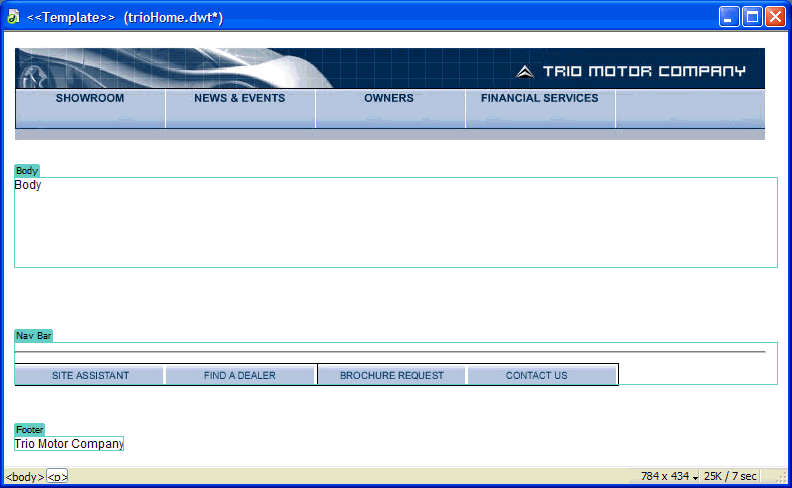 Title bar for template file contains the word <<Template>> and has the filename extension .dwt