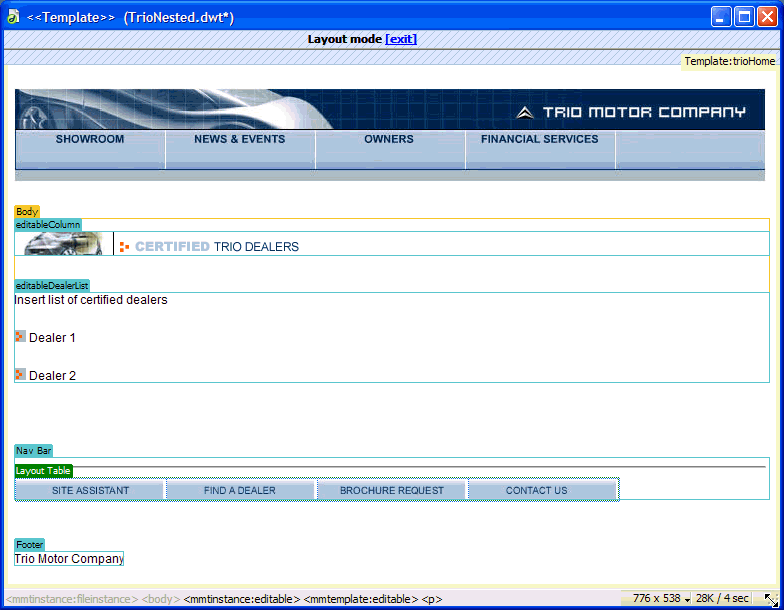 Nested template shows two editable regions added to the Body editable region