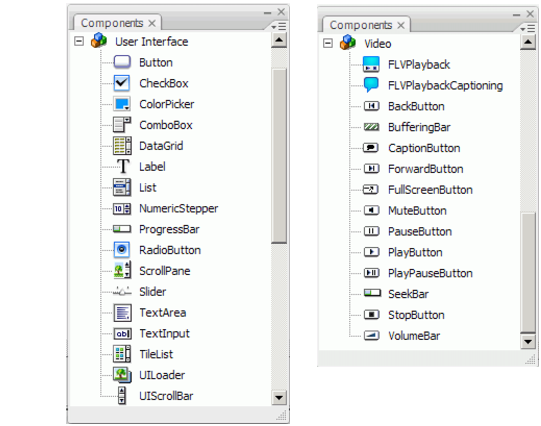 User interface and video components in the Components panel