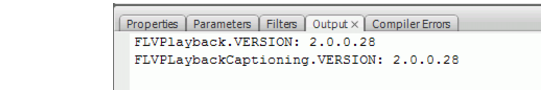FLVPlayback and FLVPlaybackCaptioning version numbers displayed in the Output panel